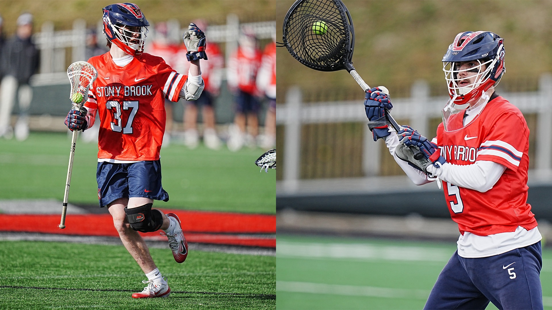 Split-frame action shots of Stony Brook men's lacrosse players Kian McCoy and Tommy Wilk in action during a game against Fairfield.