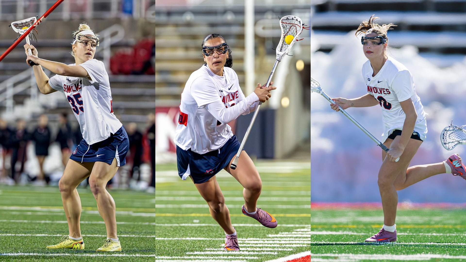Action photos of Stony Brook women's lacrosse student-athletes Isabella Caporuscio, Mirabella Altebrando and Hailey Huebner.