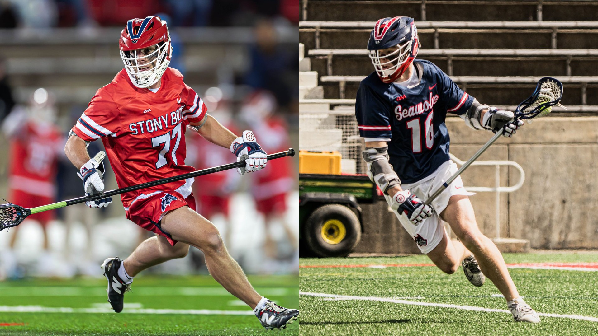 Split frame photo featuring action shots of Stony Brook men's lacrosse players Kyan East and Collin Williamson. Both players are in motion on a field holding lacrosse sticks