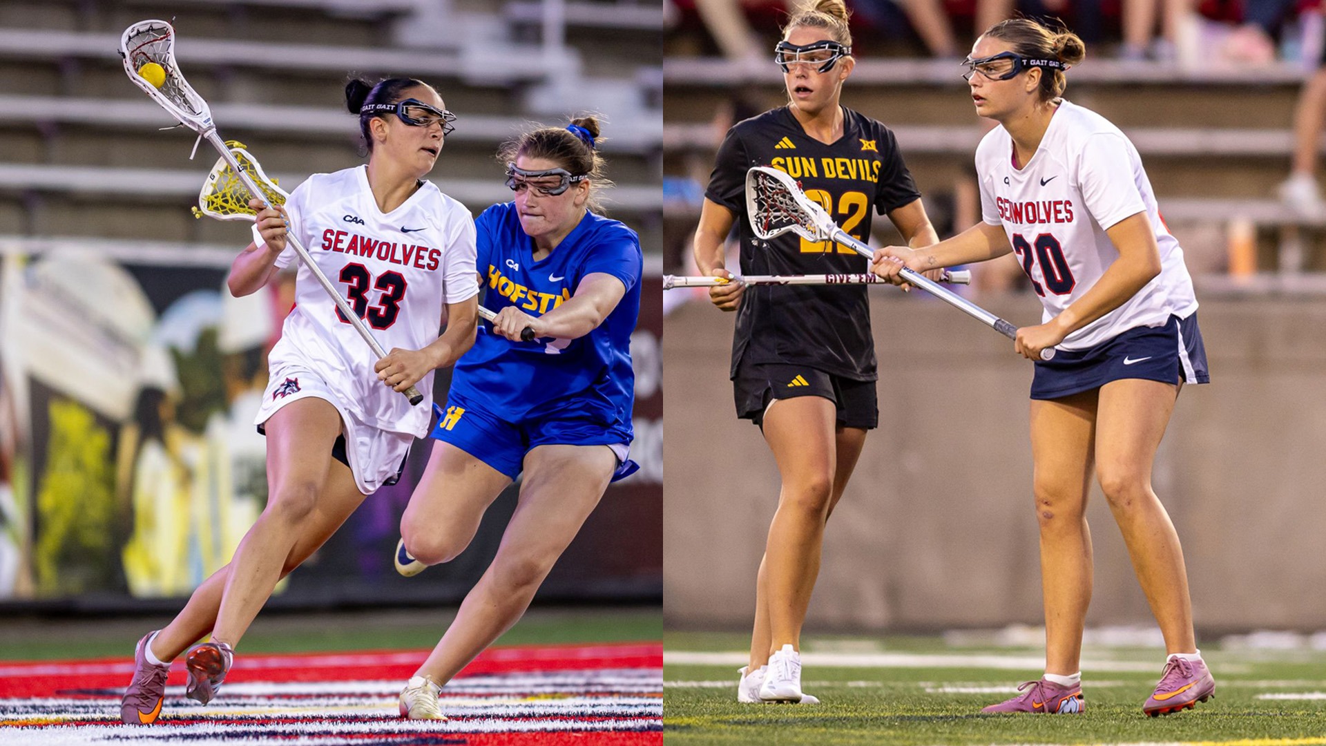 Split frame action photos of Stony Brook women's lacrosse players Mirabella Altebrando and Hailey Huebner.