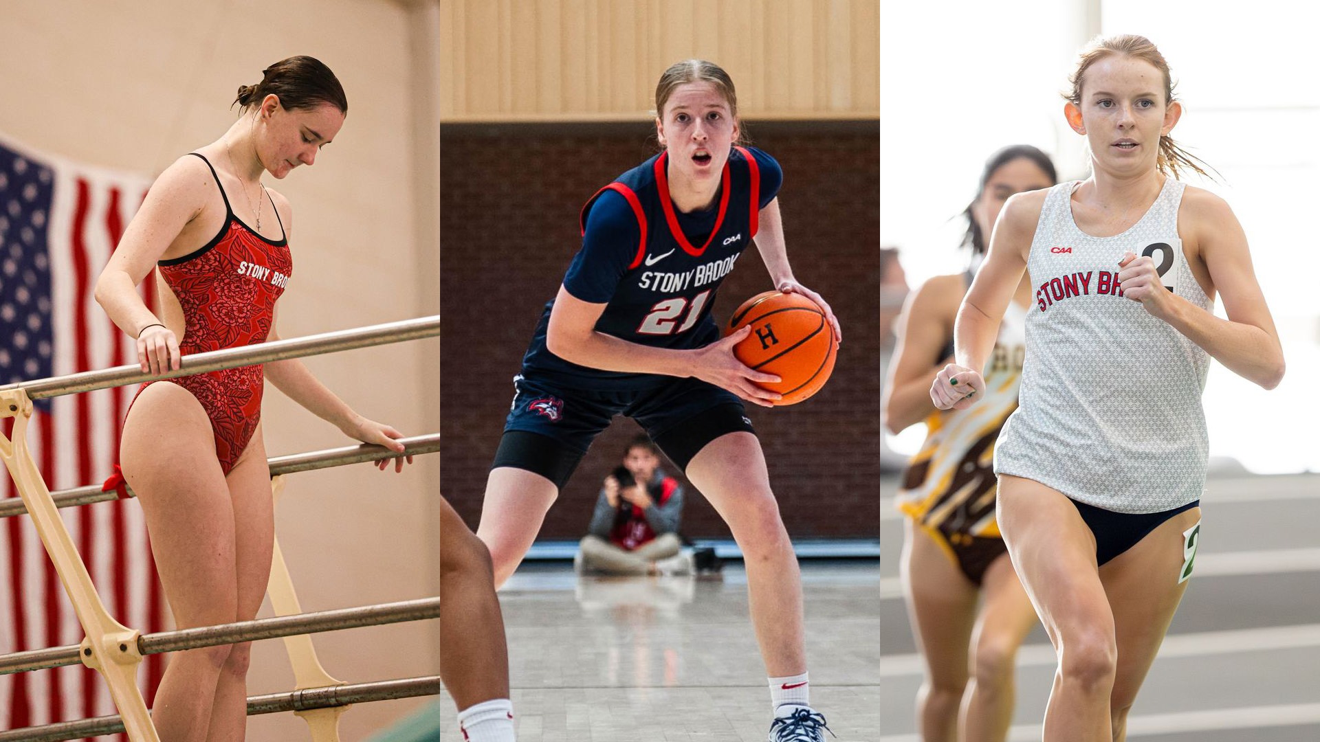 Action photos of Stony Brook's Natalia Chornomidza, Caitlin Frost and Grace Weigele all in action in their respective sports of swimming and diving, basketball and track and field.