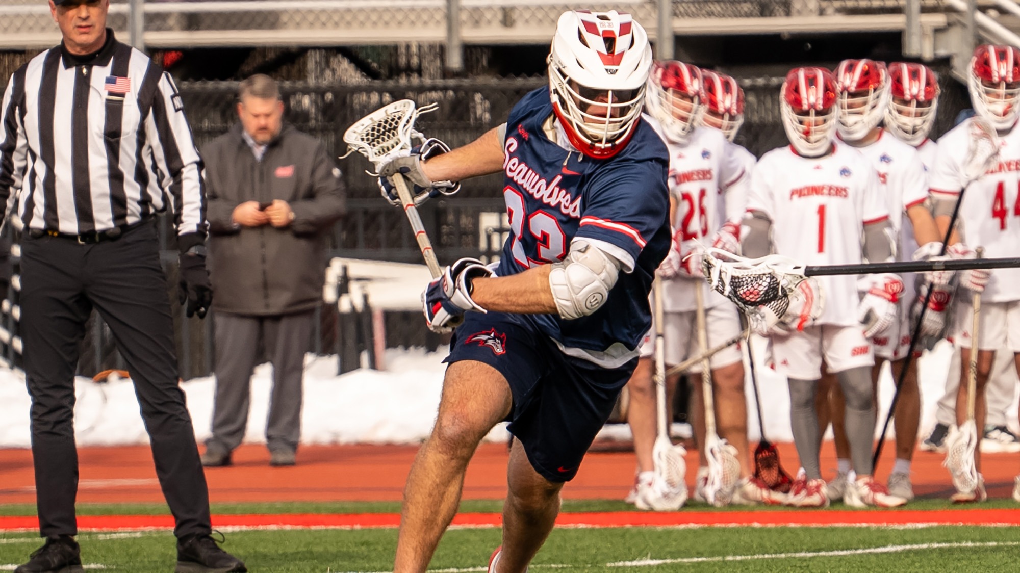 Stony Brook men's lacrosse player Carson Boyle in action.