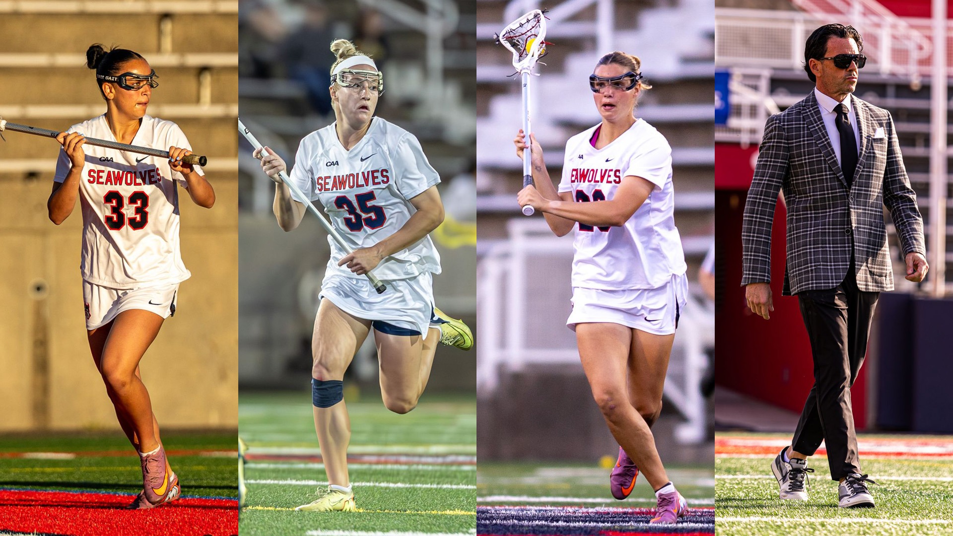 Split frame action shots of Stony Brook's Mirabella Altebrando, Isabella Caporuscio, Hailey Huebner and head coach Joe Spallina.