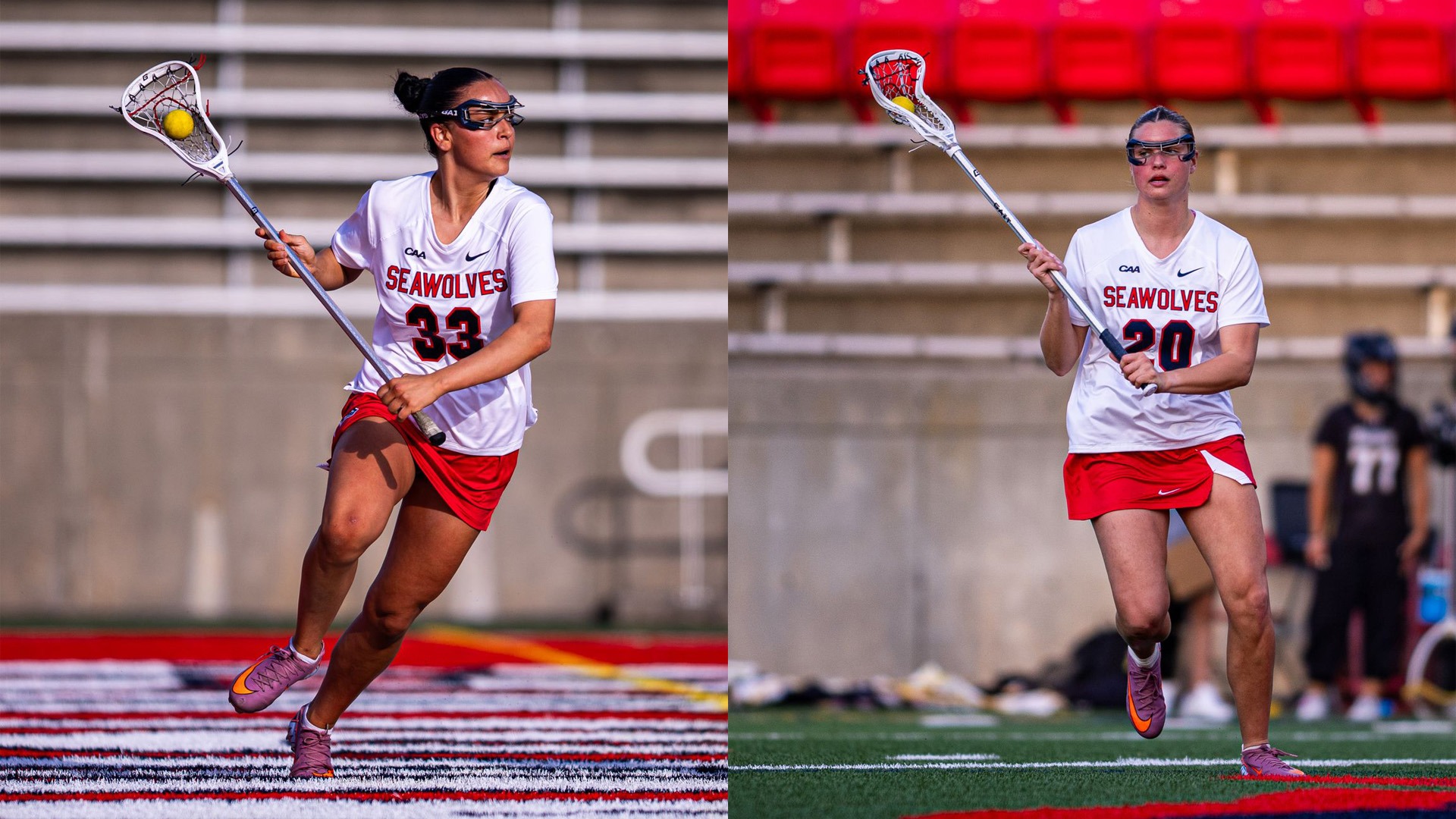 Split frame action photo of Stony Brook women's lacrosse players Mirabella Altebrando and Hailey Huebner.
