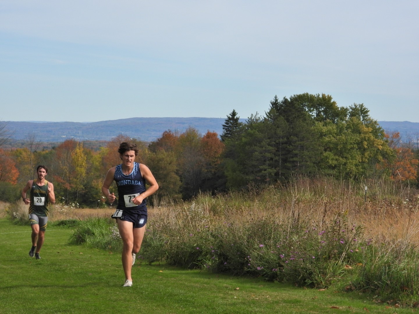 Two male cross-country runners race along a grassy course on a sunny autumn day. The runner in the foreground wears a navy-blue Onondaga uniform and bib number 77, while a second runner in a green-and-yellow uniform follows behind. Tall grasses, colorful fall foliage, evergreen trees, and distant rolling hills create a scenic backdrop beneath a clear blue sky.