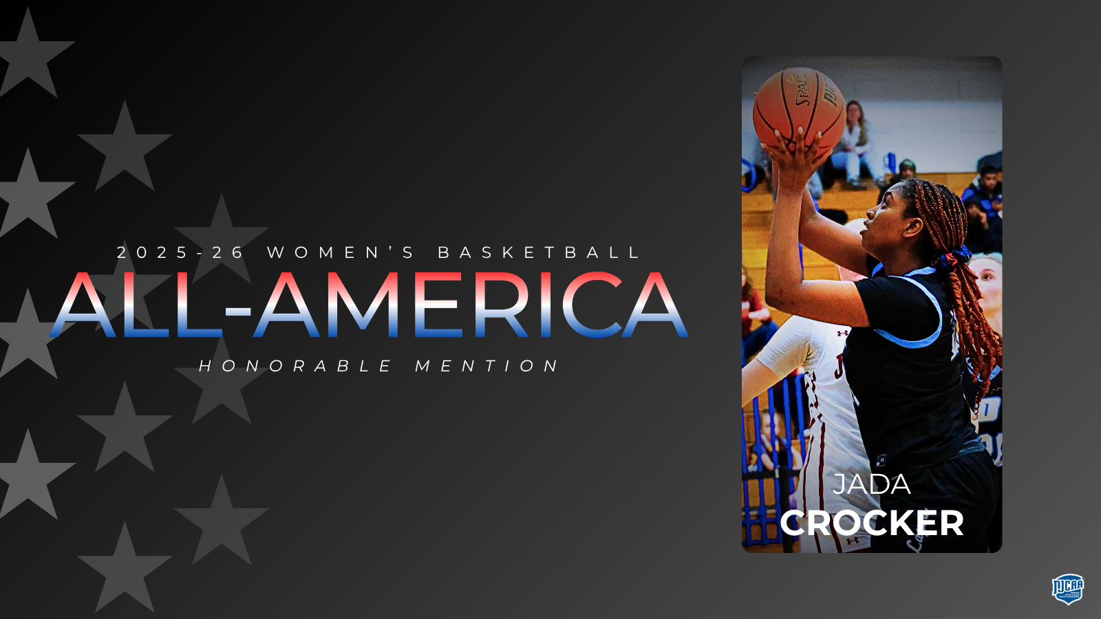 Graphic for 2025-26 Women's Basketball All-America Honorable Mention. Features athlete Jada Crocker in action, aiming to shoot a basketball.