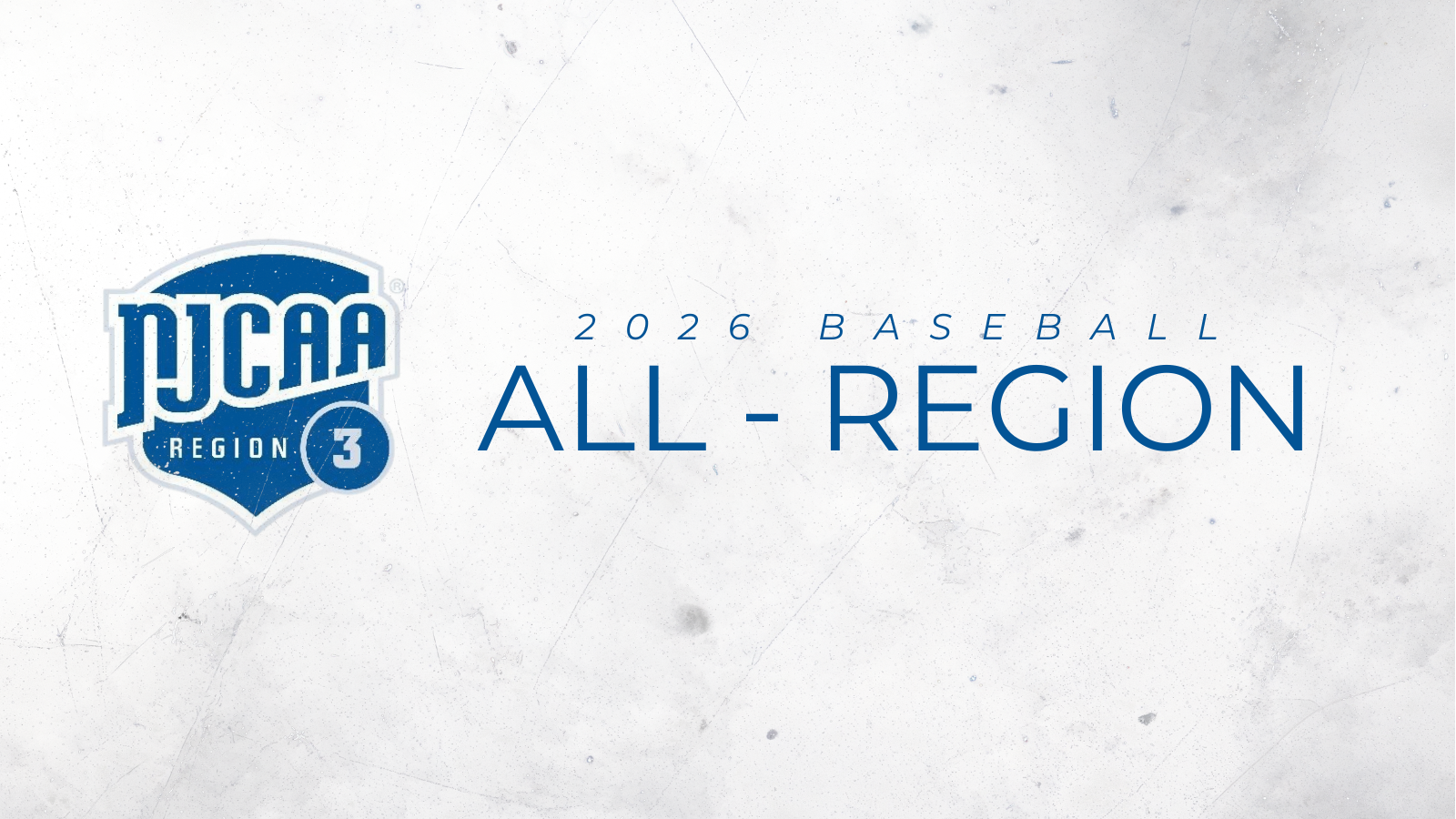Graphic with NJCAA Region 3 logo to the left and text '2026 Baseball All-Region' on a textured light gray background.