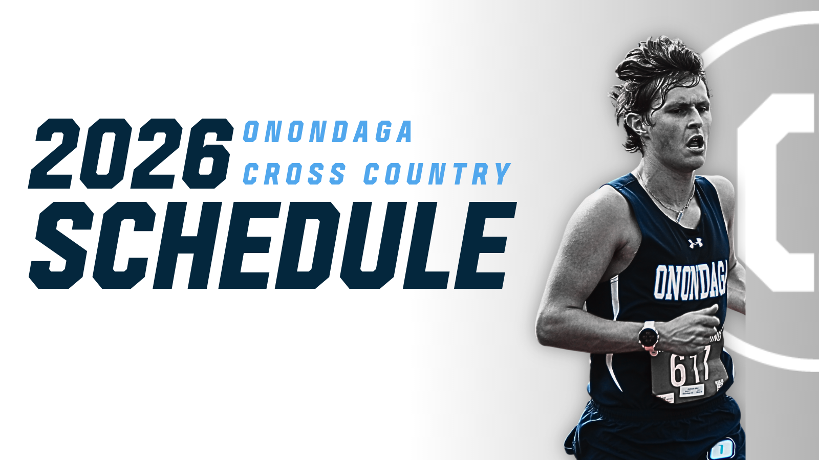 Graphic promoting the 2026 Onondaga Cross Country schedule. Large navy text reading “2026 Schedule” appears on the left, with “Onondaga Cross Country” in light blue above it.