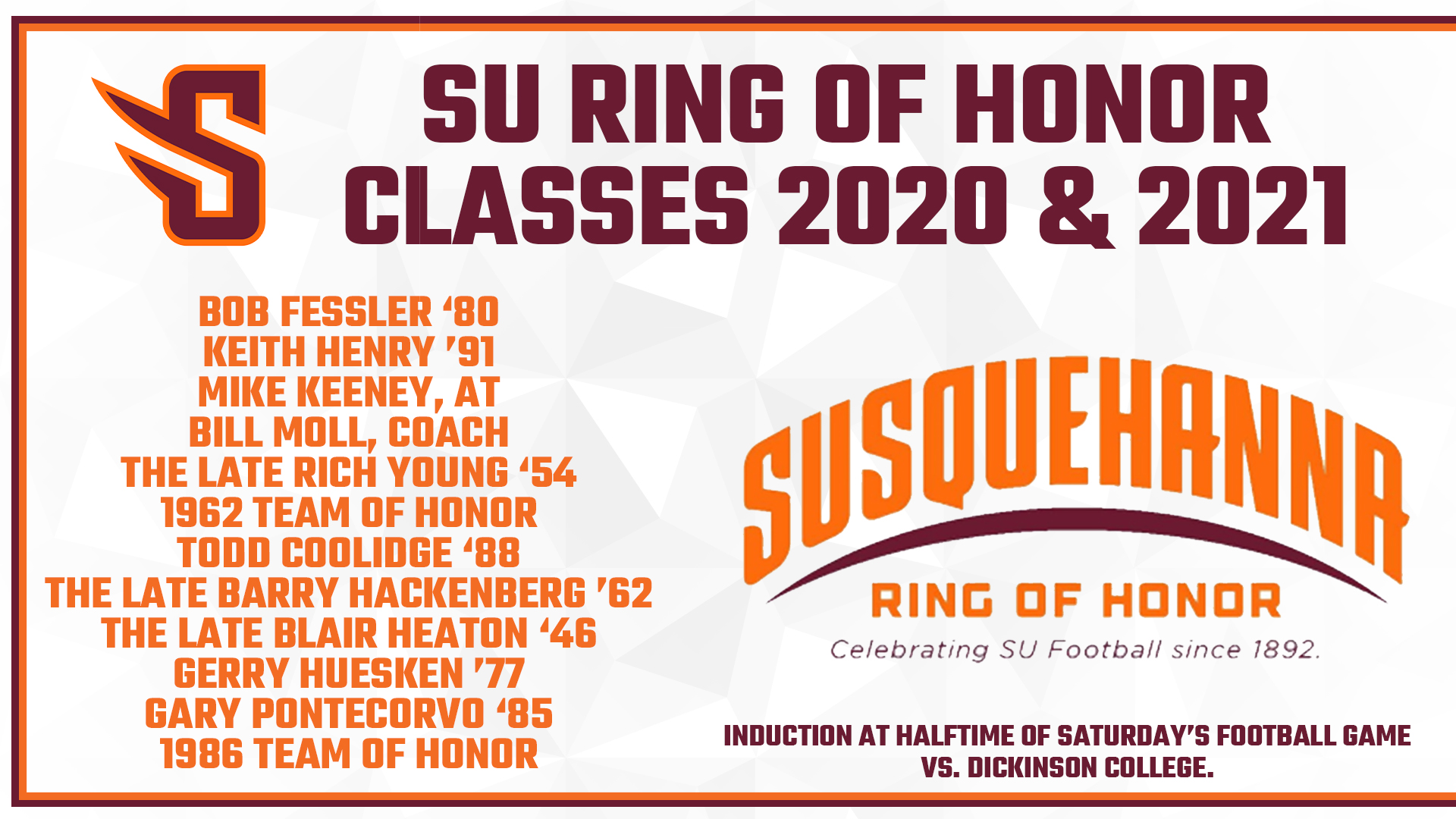 Susquehanna Football To Induct Ring Of Honor Classes of 2020 and 2021