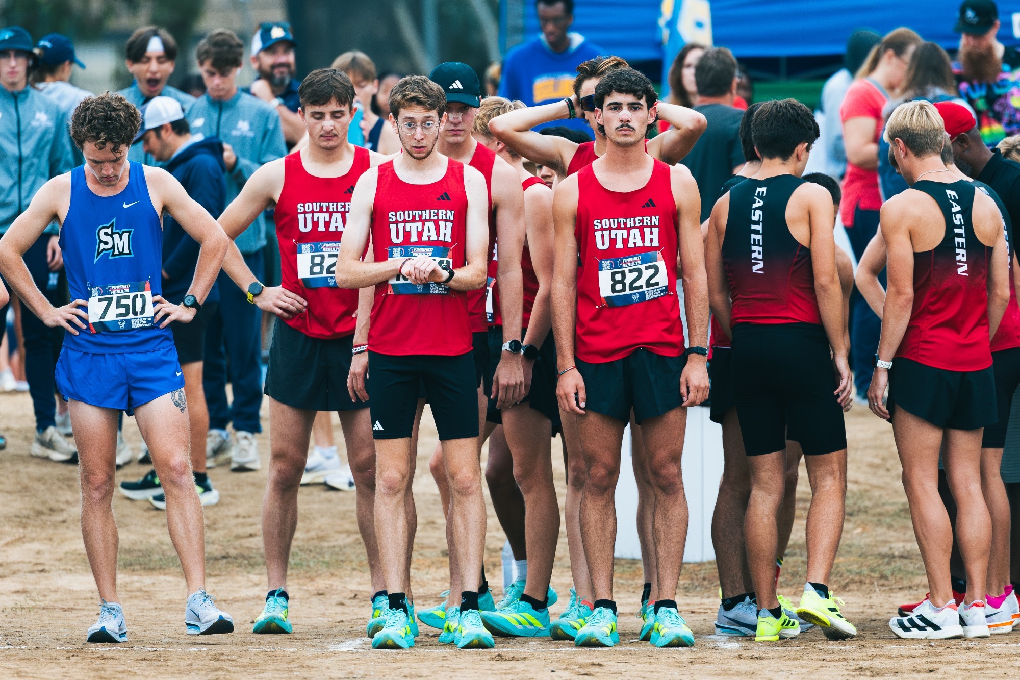 The Men's XC team prepares at the start line