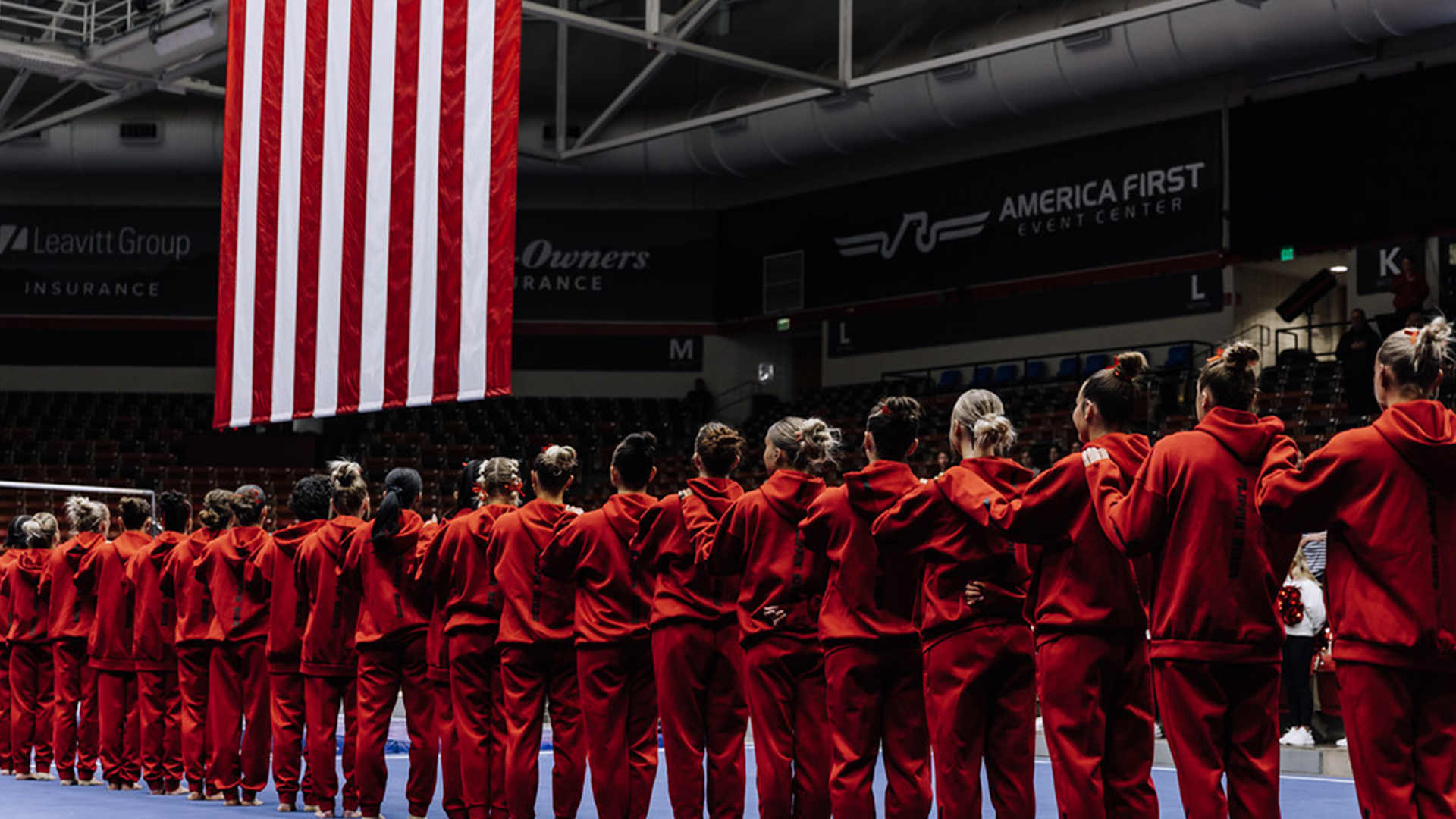 Gymnastics team during the national anthem 