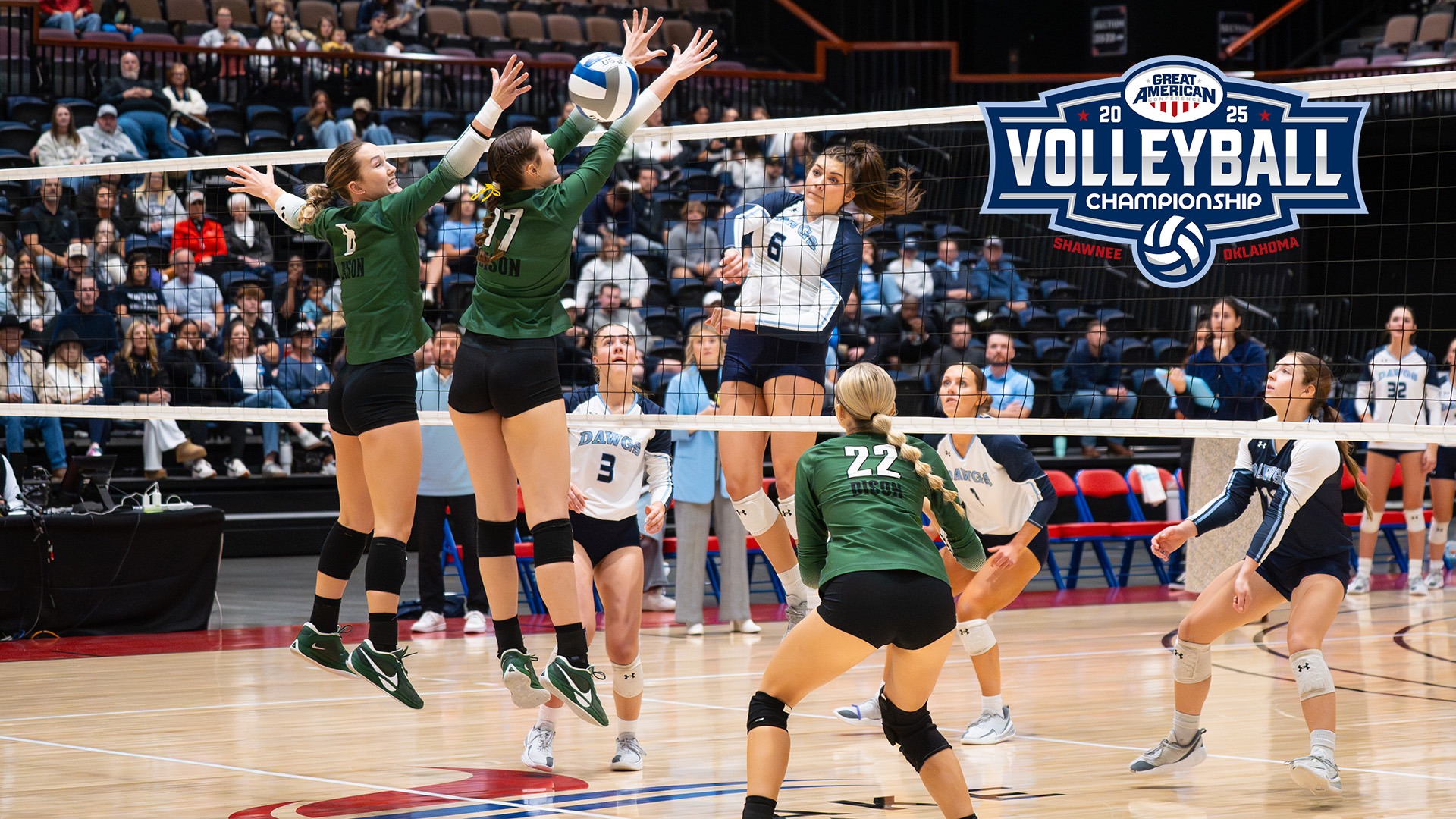 GAC Volleyball Championship Story Photo - Sydnee Winfrey attacks a ball against Oklahoma Baptist