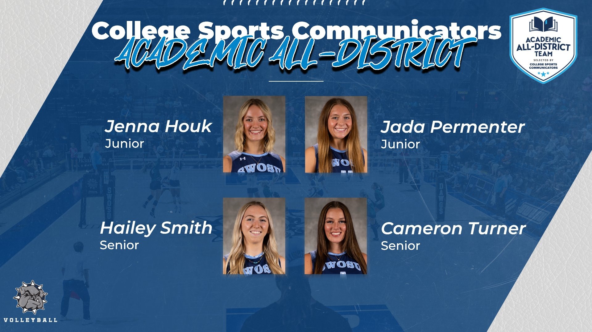 CSC All-District Volleyball Graphic Featuring headshots of all 4 winners