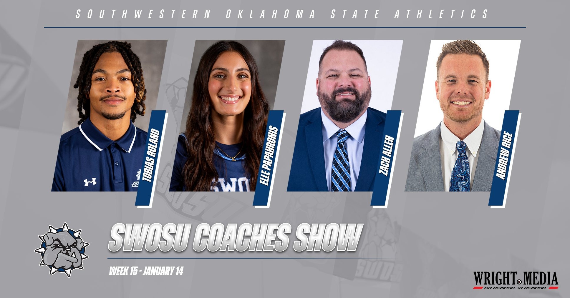 SWOSU Coaches Show lineup featuring Tobias Roland, Elle Papahronis, Coach Allen, and Coach Rice