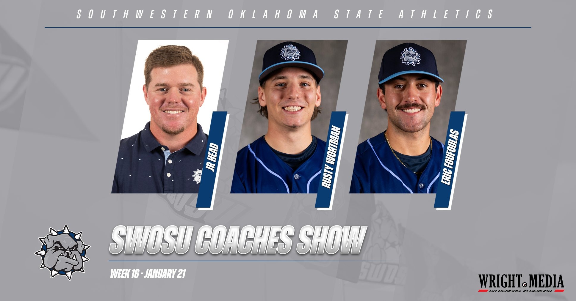 swosu coaches show lineup graphic featuring JR Head, Rusty Wortman, and Eric Foufoulas