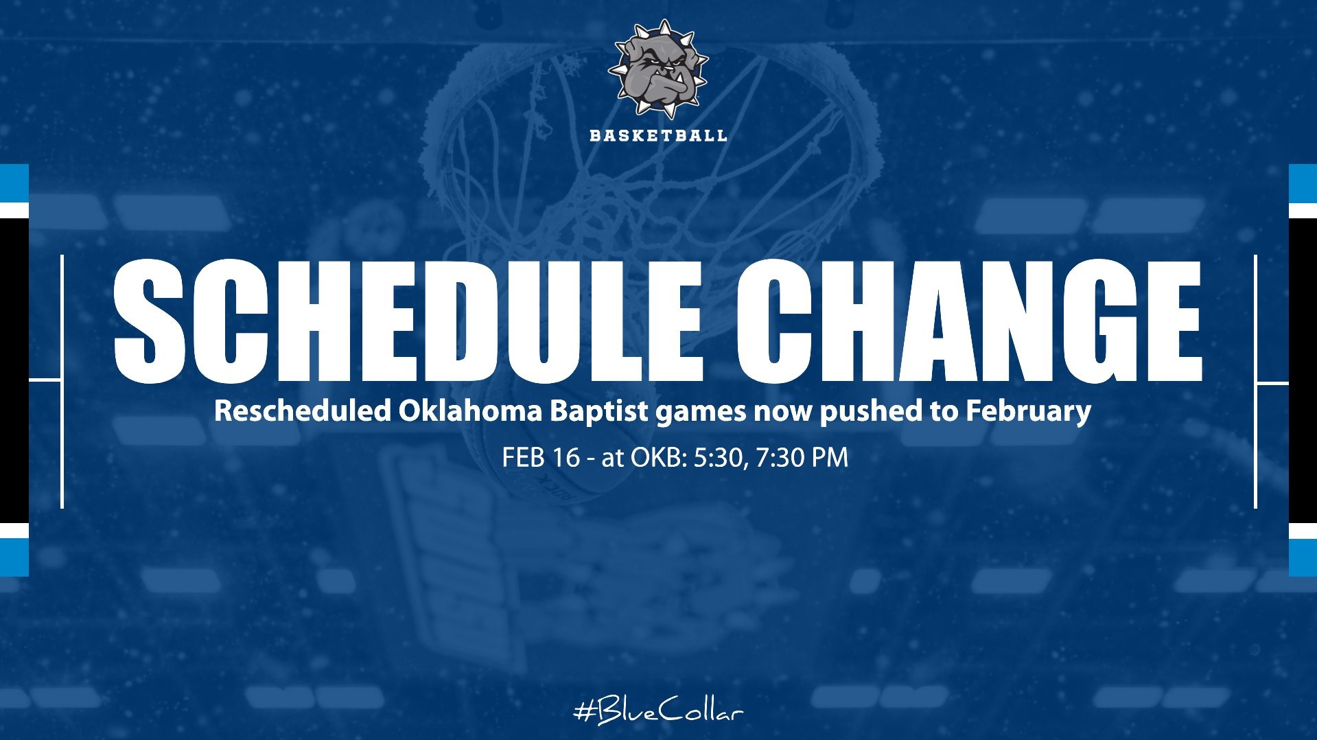 schedule change graphic with bold Schedule Change words, specific to the Oklahoma Baptist game that's been changed