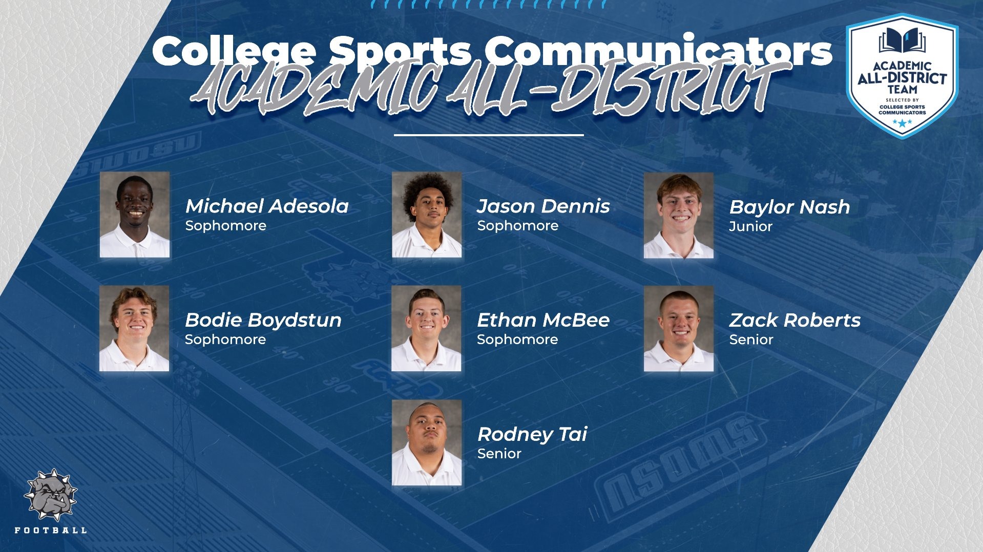 CSC Academic All-District Graphic for Football Displaying headshots of all 7 winners