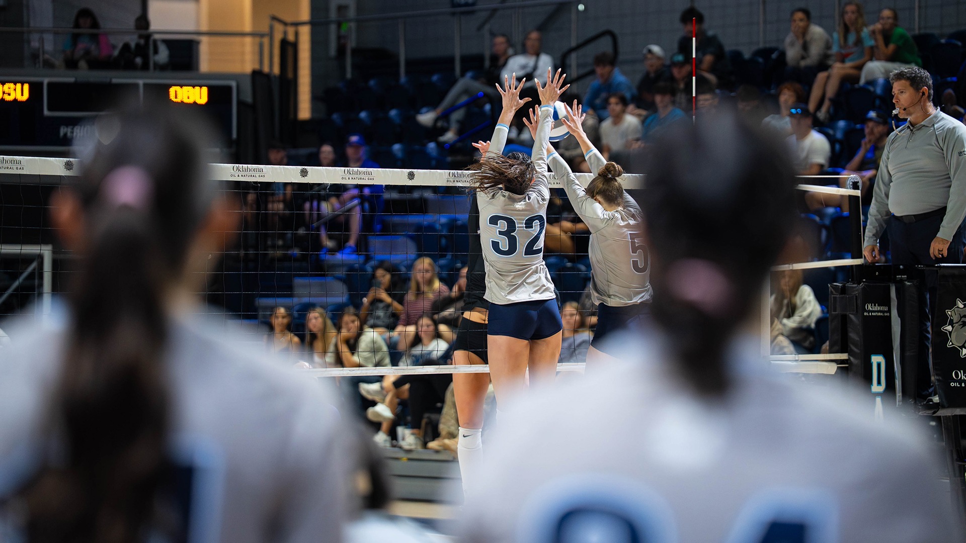 Katja Blanchat and Morgan Ritchie go up for a block