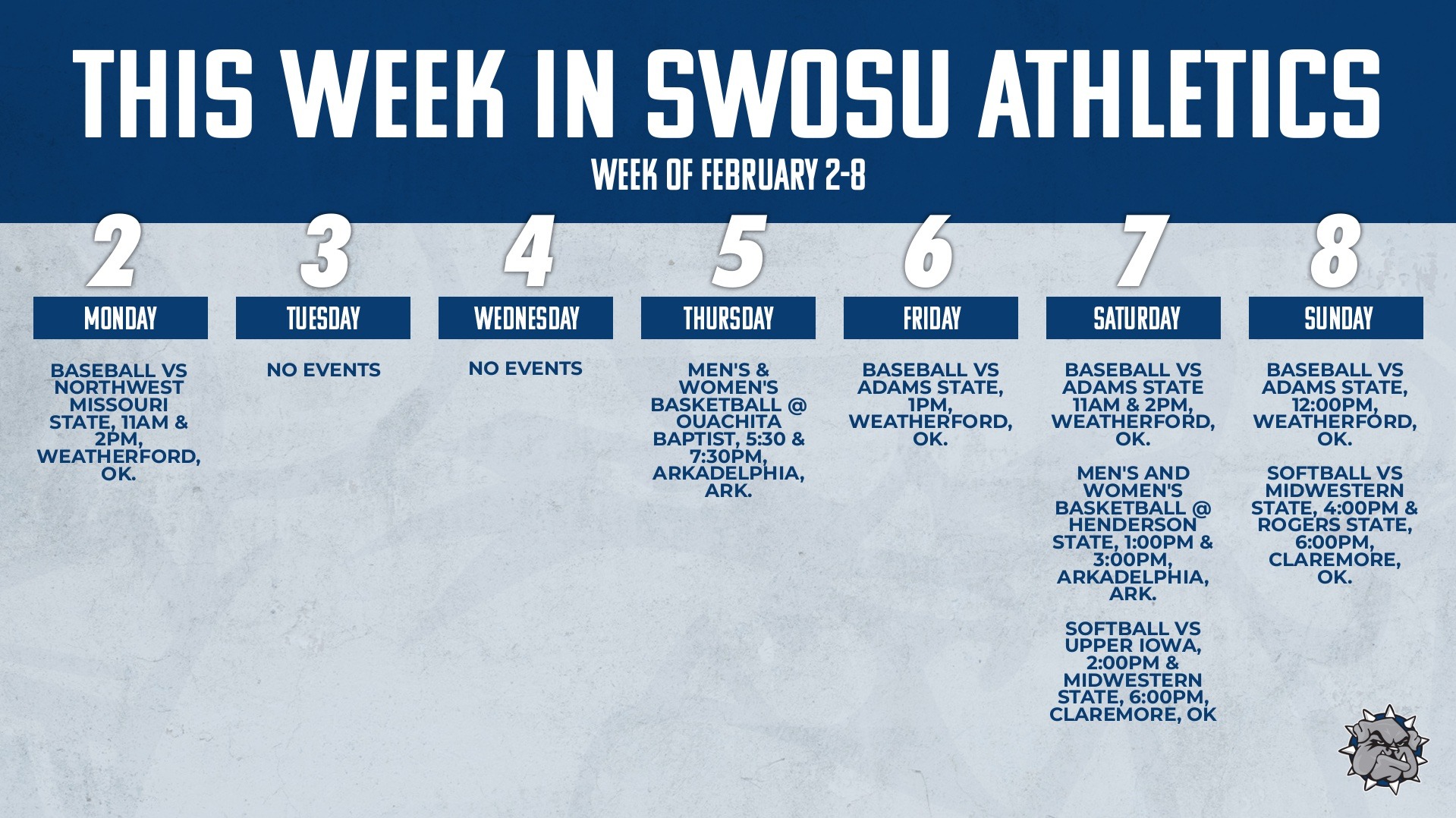 this week in swosu athletics weekly calendar graphic showing all games this week