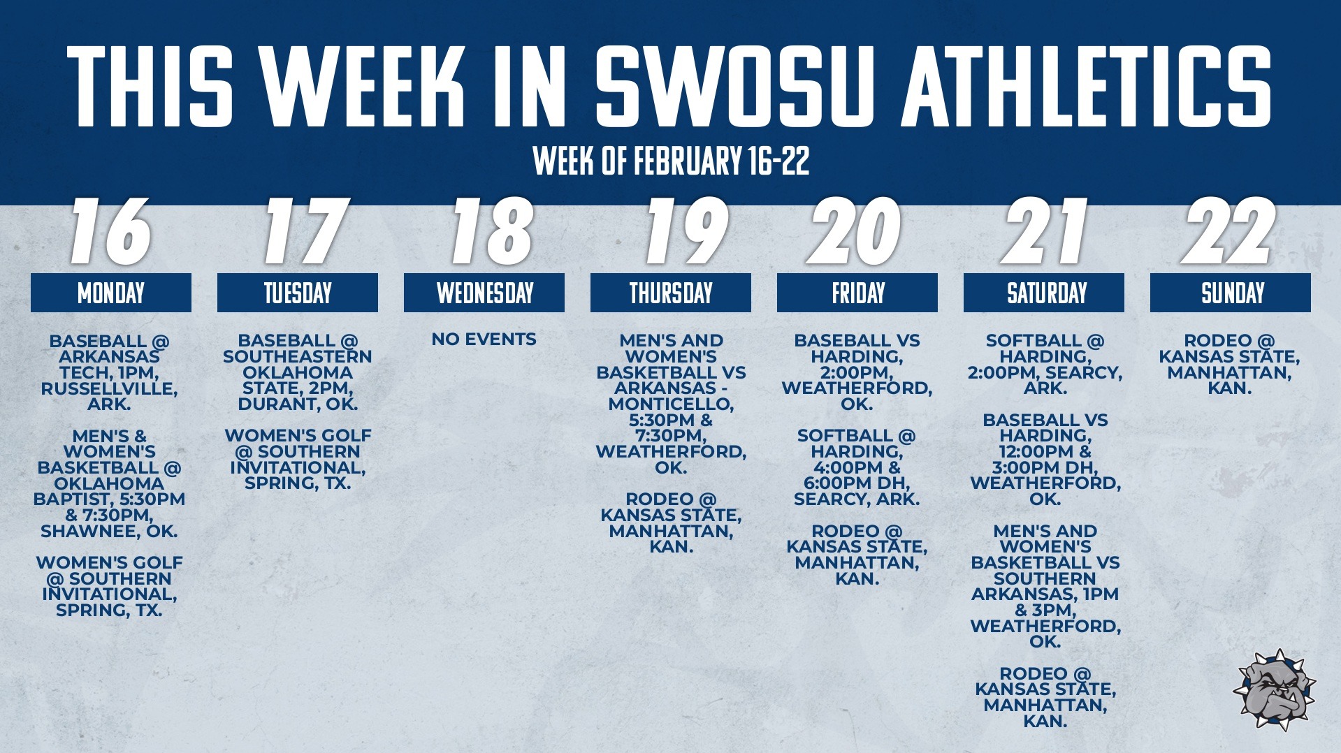 This week in swosu athletics calendar graphic showing all events listed for the week