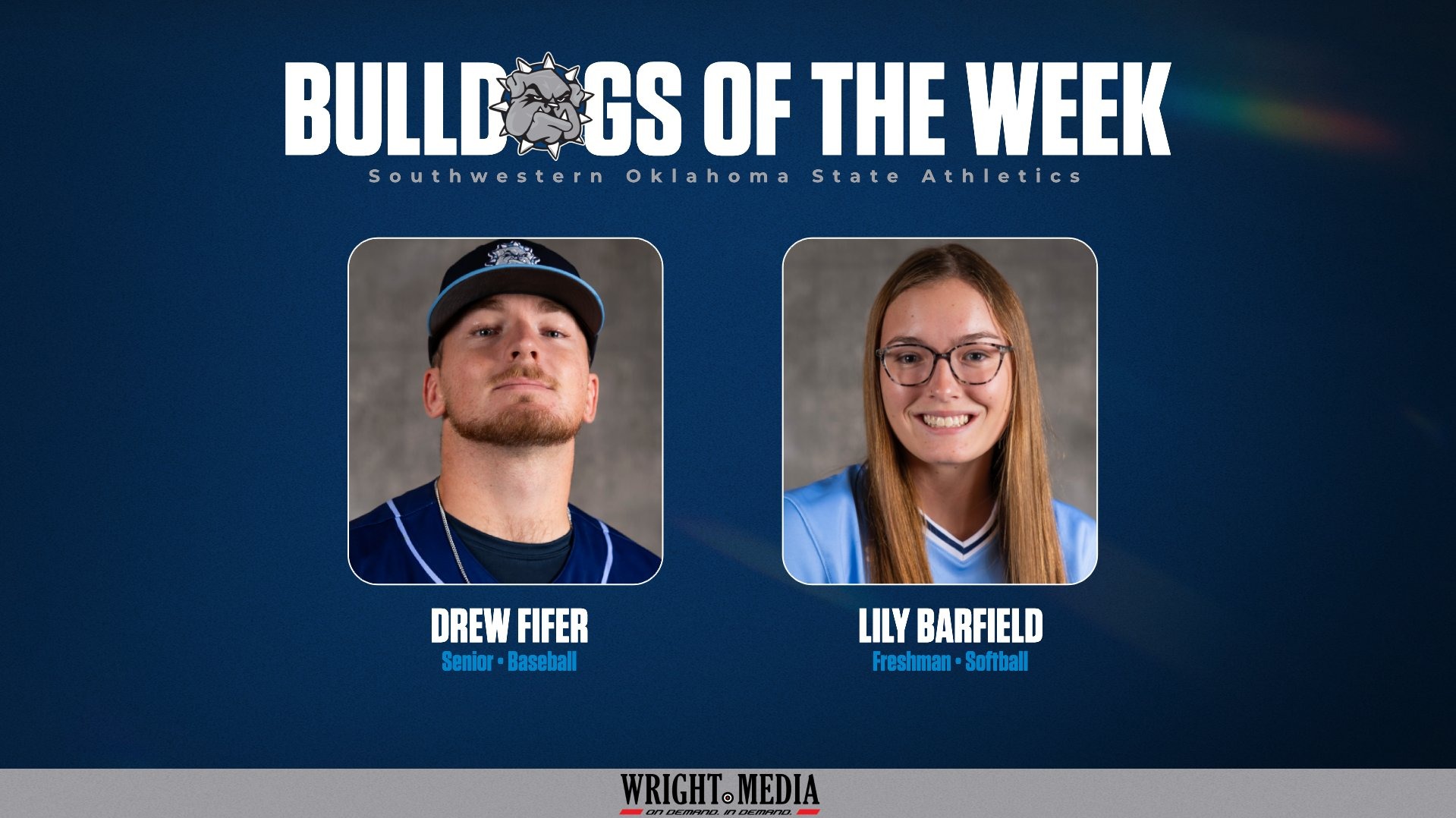 bulldog of the week winners drew fifer and lily barfield headshots on a graphic