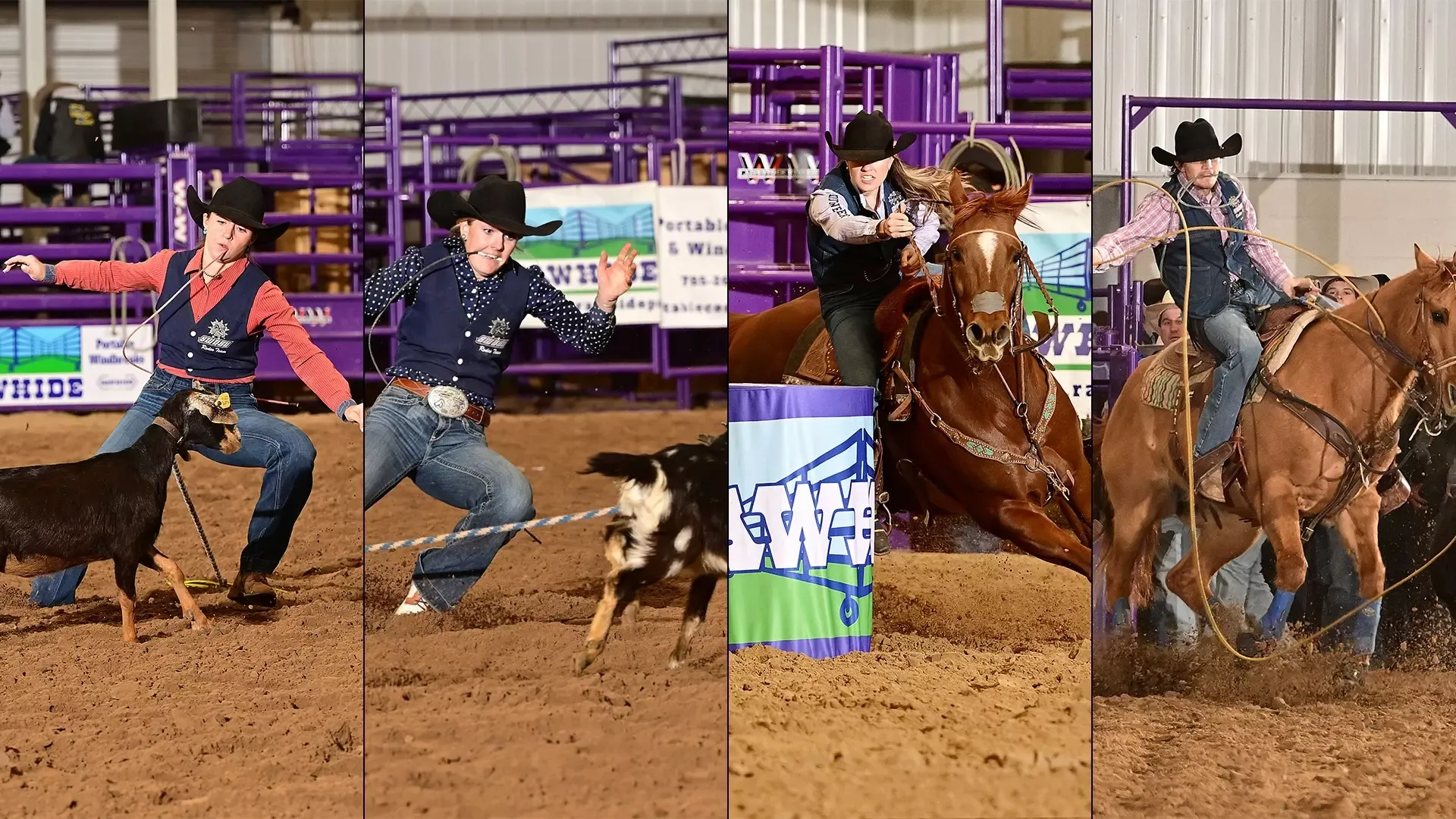 4 action photos split equally from SWOSU Rodeo competing at K-State