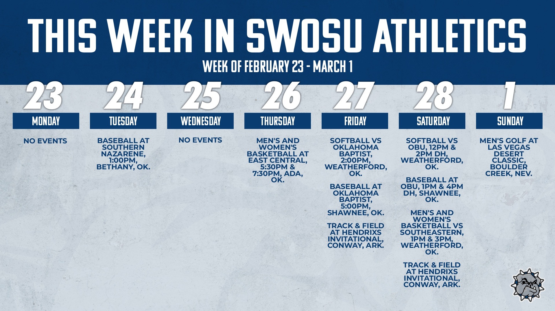 TWISA Graphic showing sports playing this week in writing on a calendar