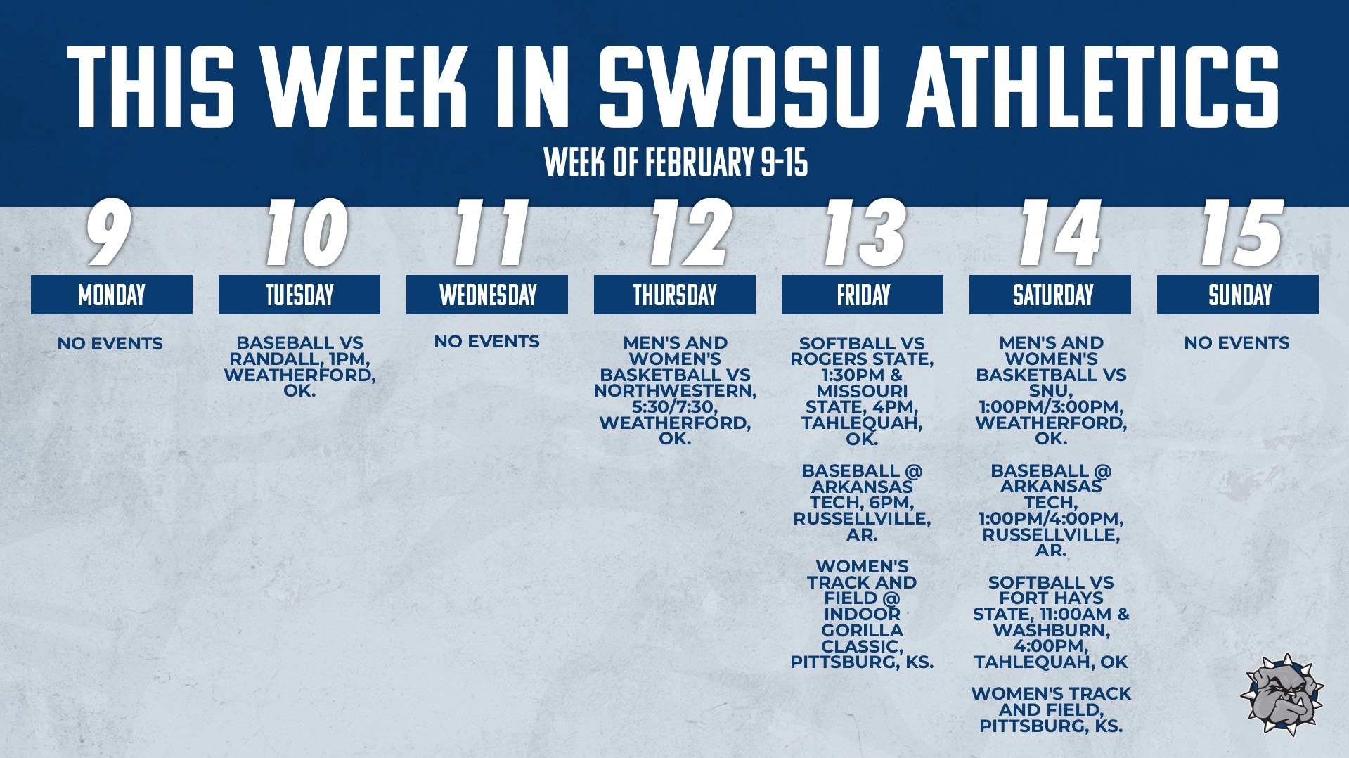 This Week in SWOSU Athletics calendar graphic listing the week's events