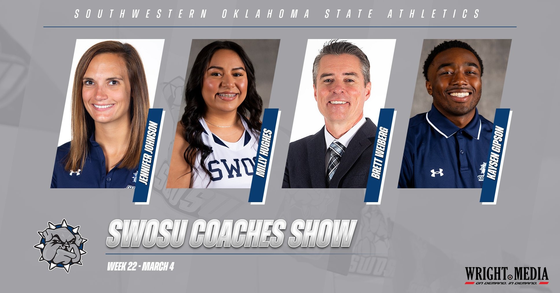coaches show graphic showing the week's lineup with headshots of Jen Johnson, Milly Hughes, Brett Weiberg, and Kaysen Gipson