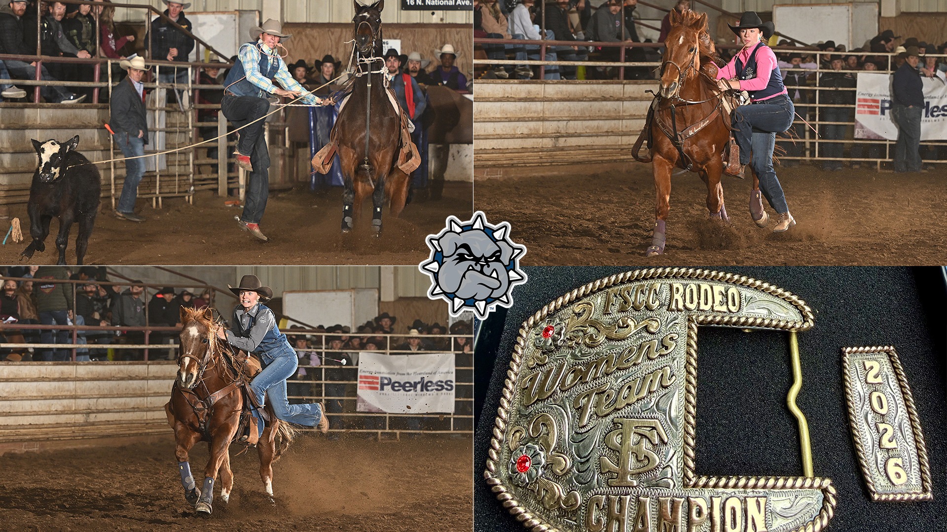 three action shots from the fort scott rodeo and the champion belt buckle