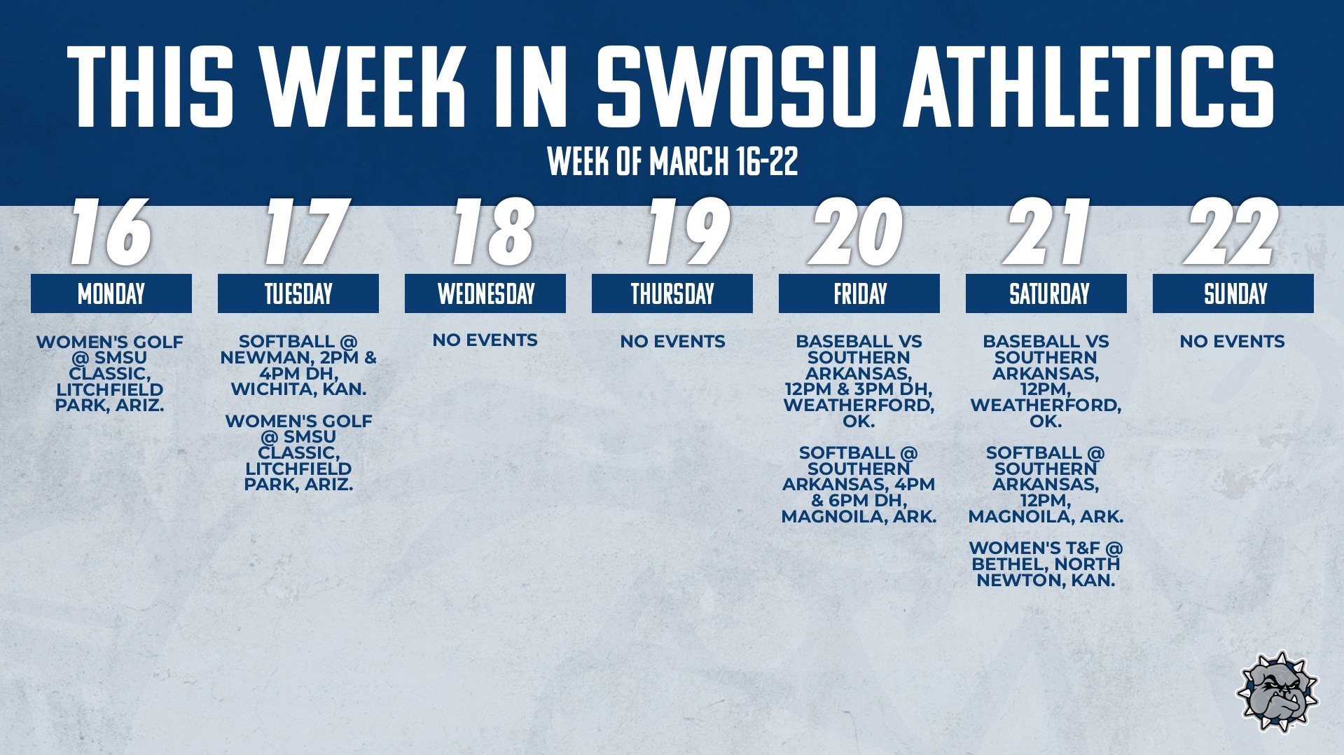 this week in swosu athletics calendar graphic listing all the events going on this week 