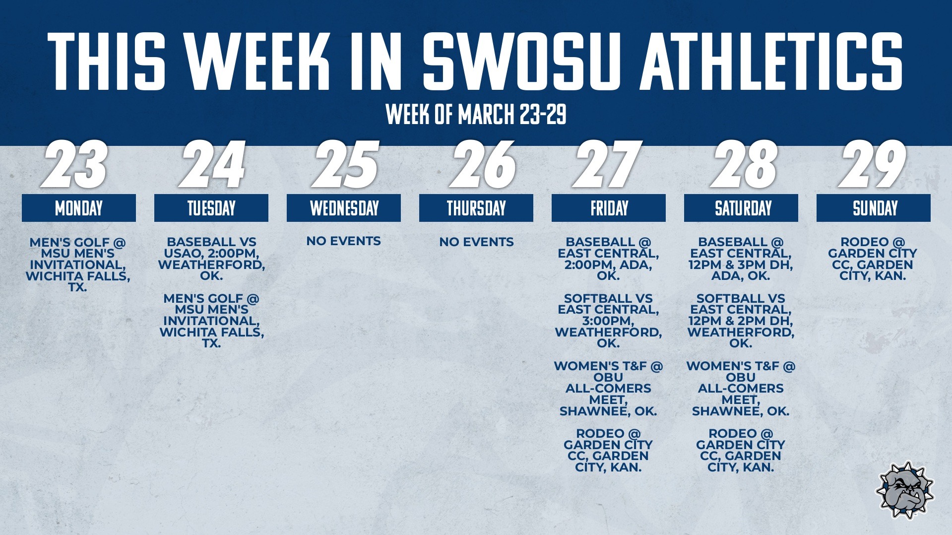 this week in swosu athletics calendar graphic showing all of this week's events