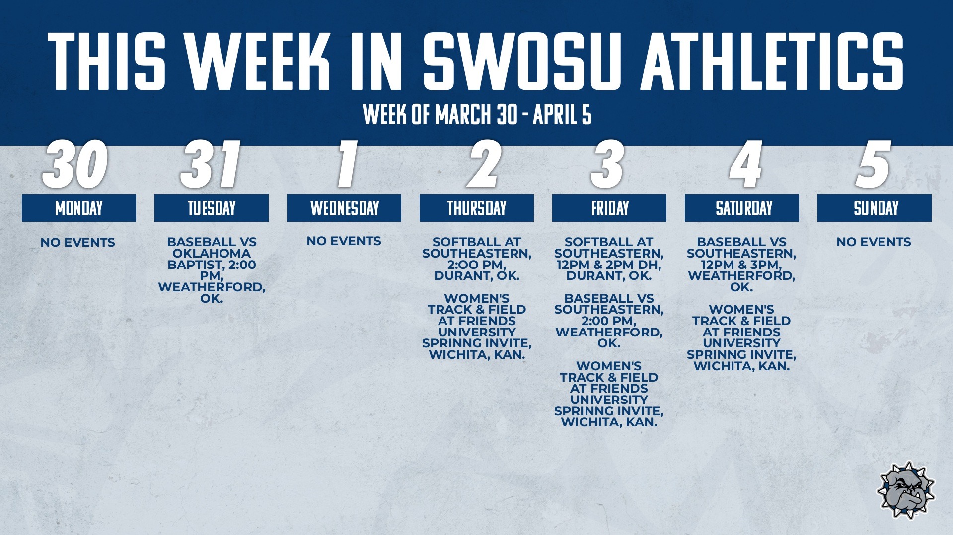 This Week in SWOSU Athletics Calendar Graphic Showing Events Schedules This Week