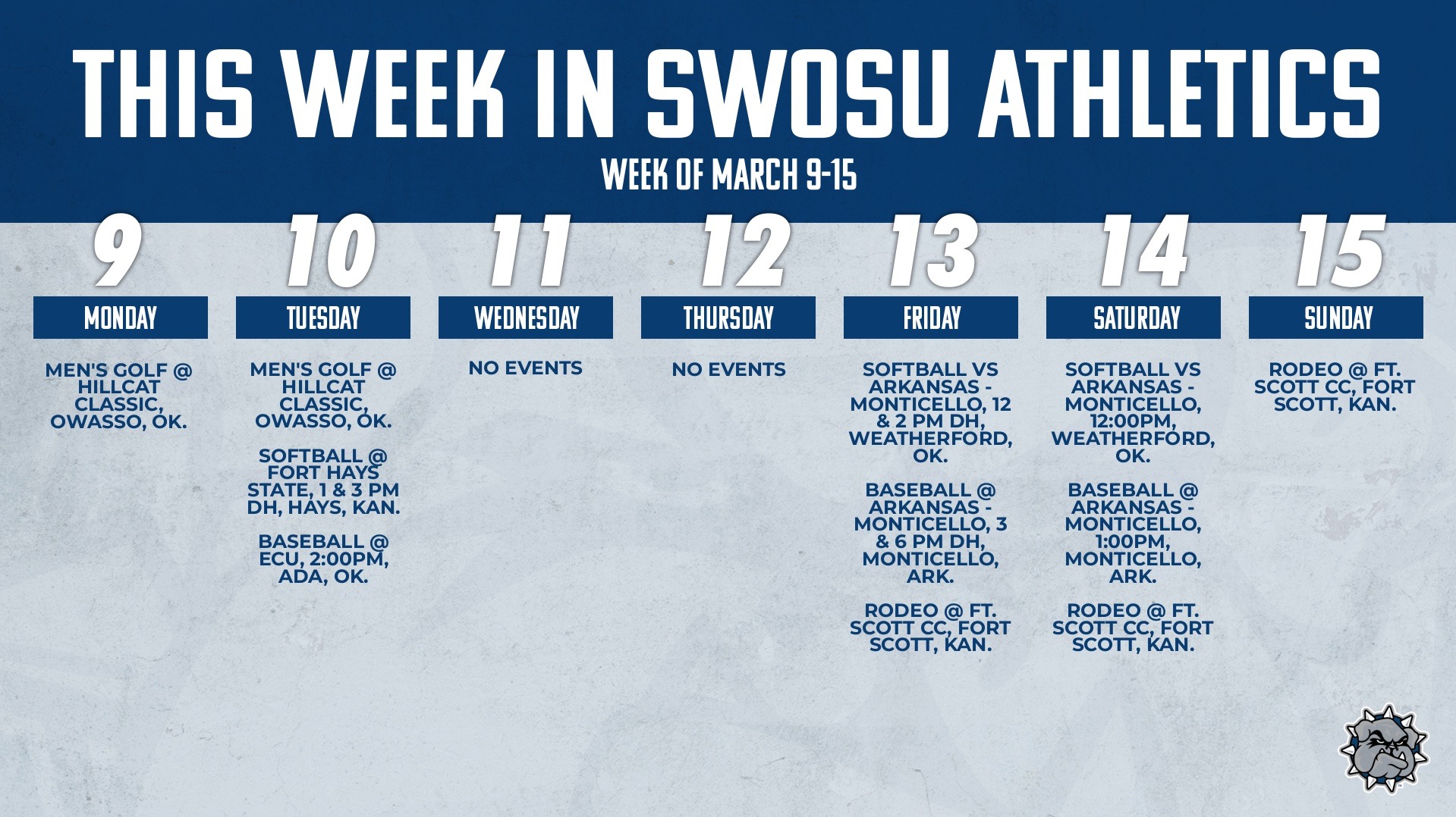 This Week in SWOSU Athletics (March 9-15) Graphic showing all events for the week in writing on a calendar