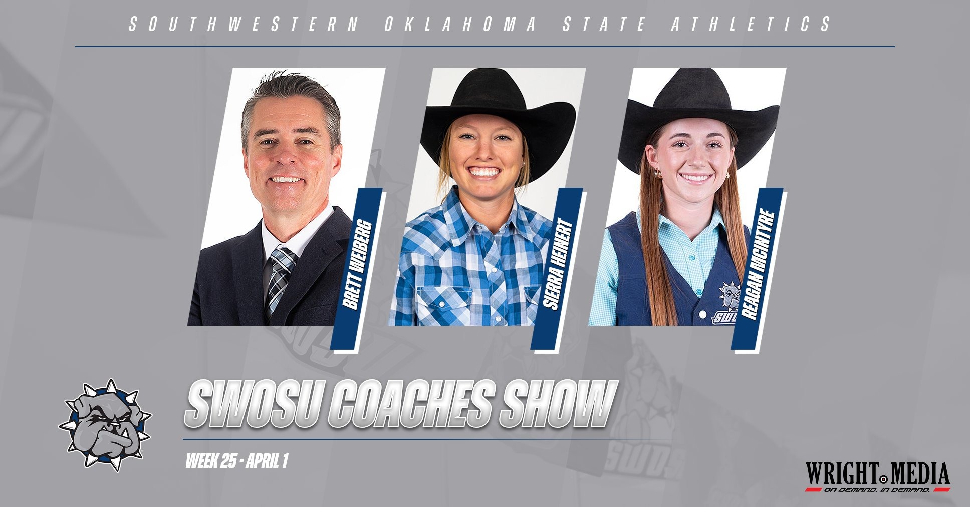 SWOSU Coaches Show Graphic featuring headshots of the three guests this week: Brett Weiberg, Sierra Heinert, and Reagan McIntyre
