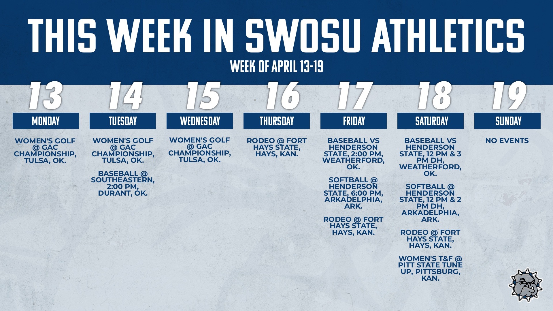 calendar graphic listing all events out for the week