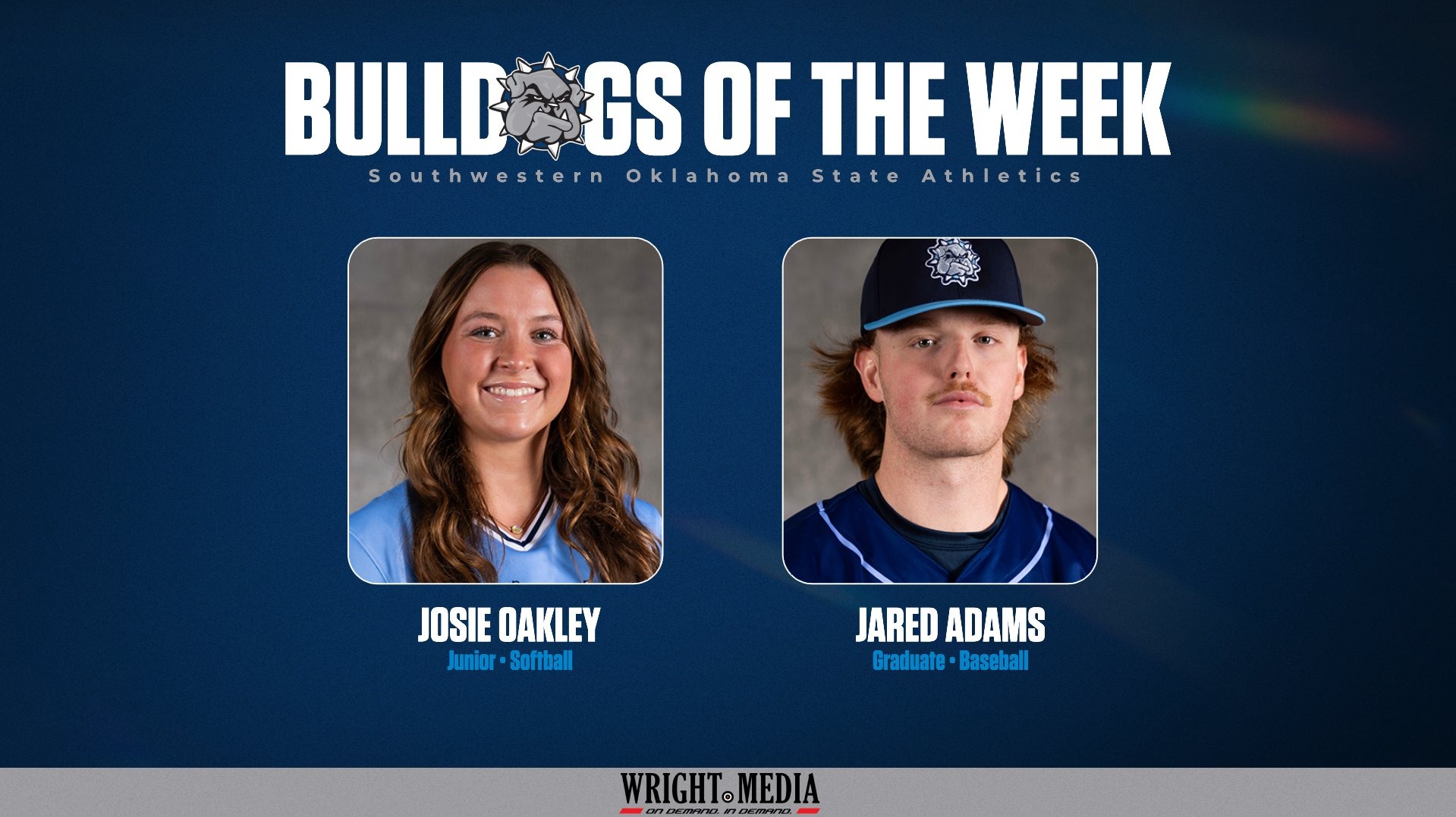 bulldog of the week graphic featuring headshots of the two winners, josie oakley and jared adams