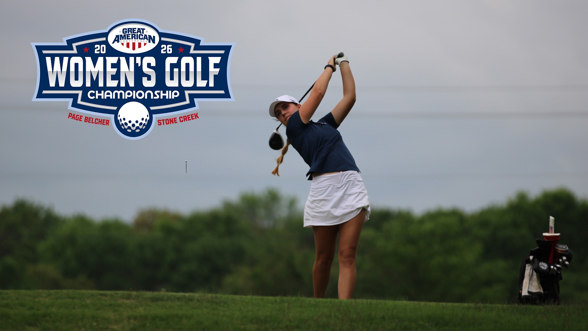 maria velilla hits a ball at the 2026 GAC Championship. The tournament logo also appears on the picture