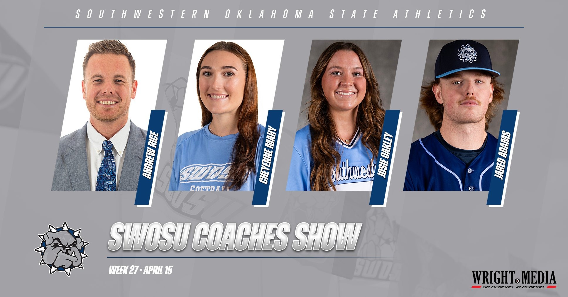 swosu coaches show graphic featuring headshots of the week's four guests, andrew rice, cheyenne mahy, josie oakley, and jared adams
