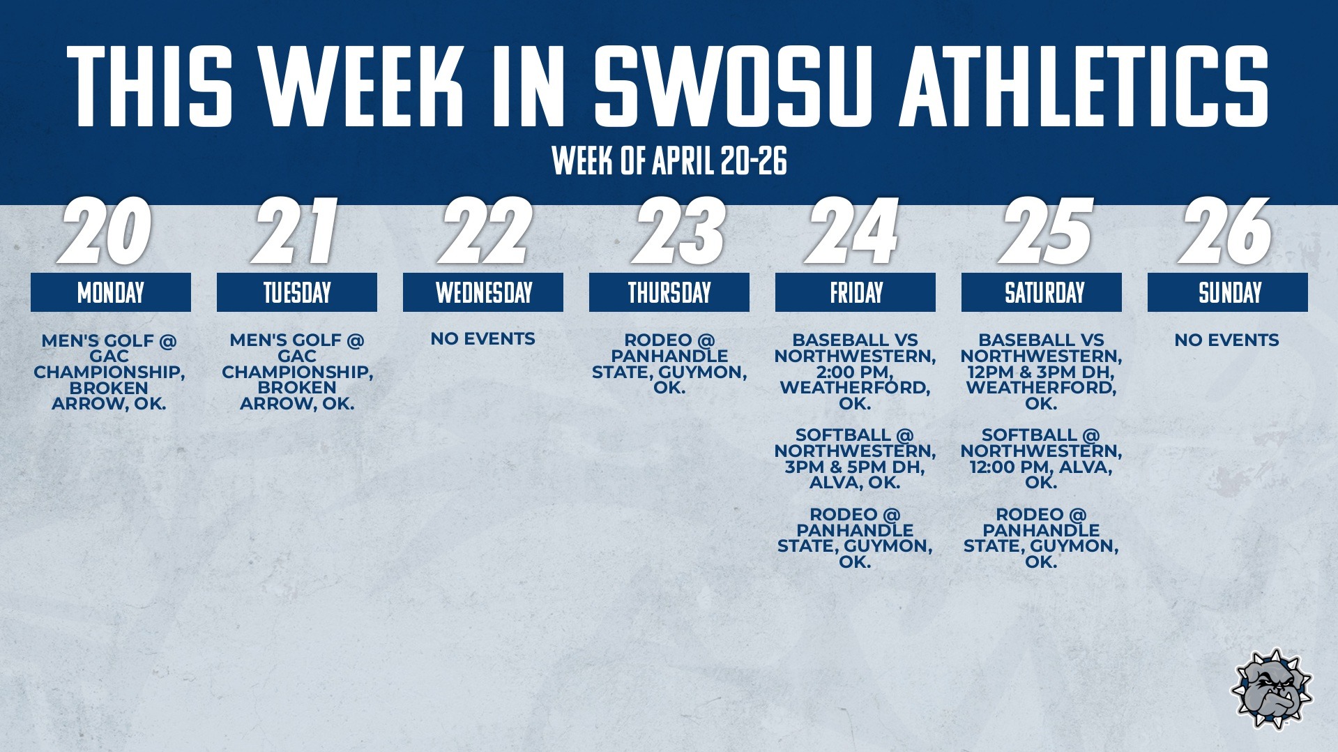 Weekly calendar graphic featuring all events for the week listed