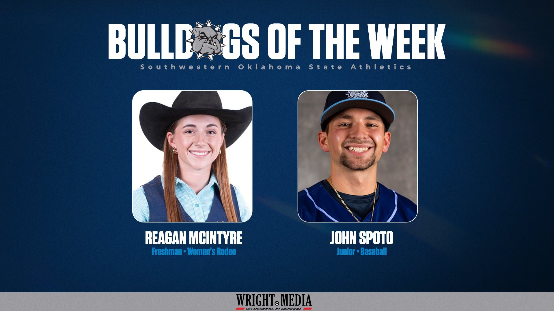 bulldog of the week graphic featuring regan mcintyre and john spoto headshots
