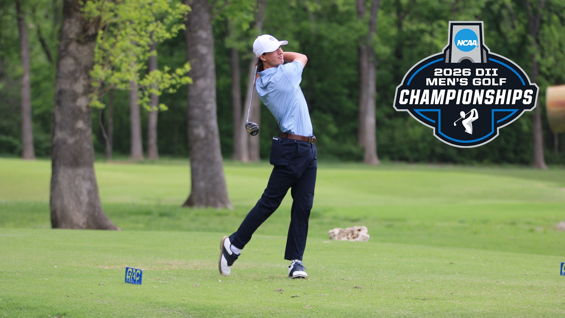 conrado diaz ermacora tees off with an NCAA Championship logo in the right corner of the picture