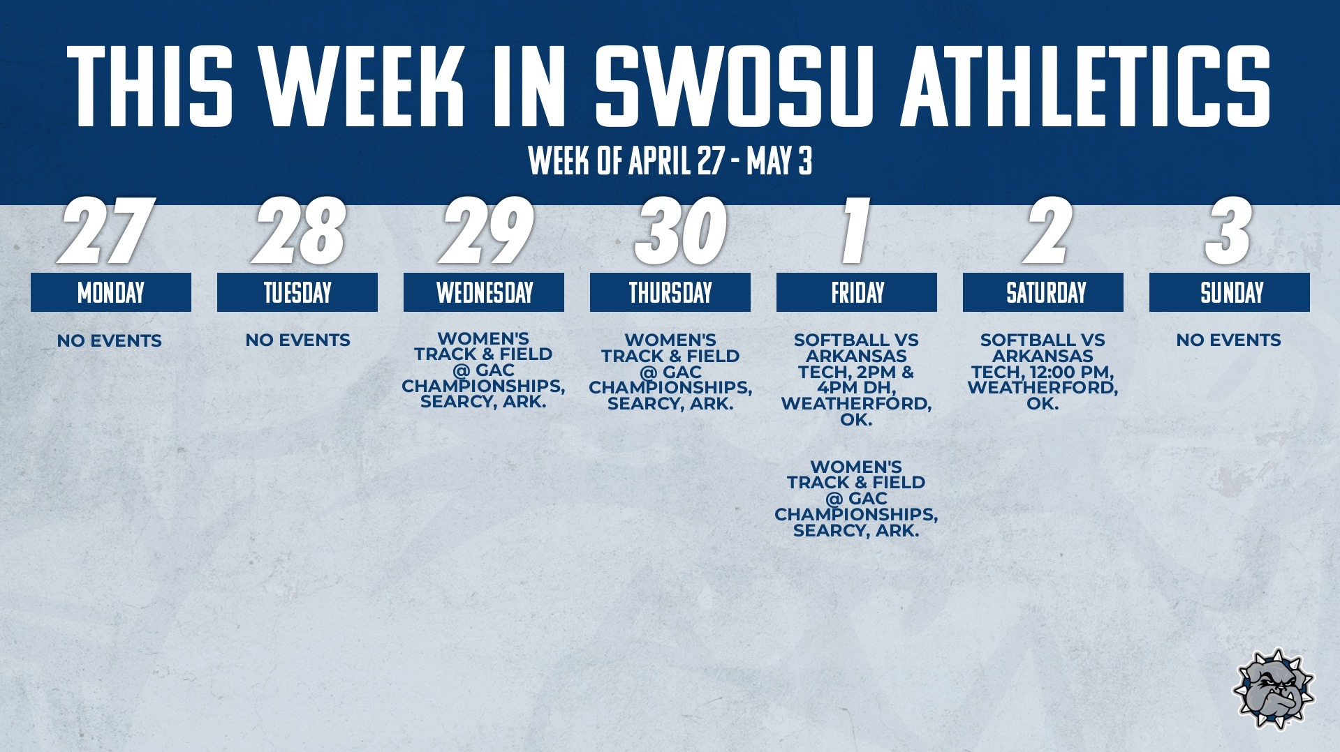 this week in swosu athletics calendar graphic with all events listed for the week