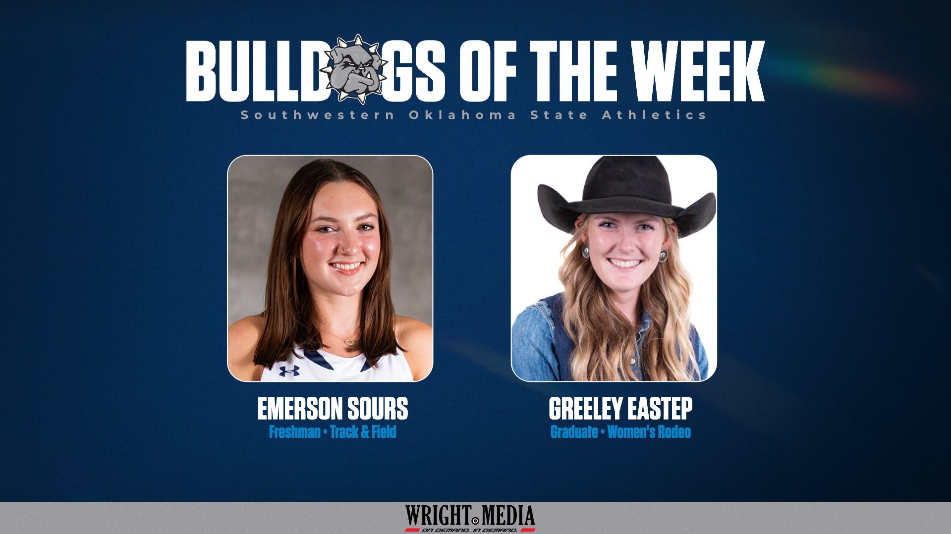 bulldog of the week graphic featuring headshots of the winners: emerson sours and greeley eastep