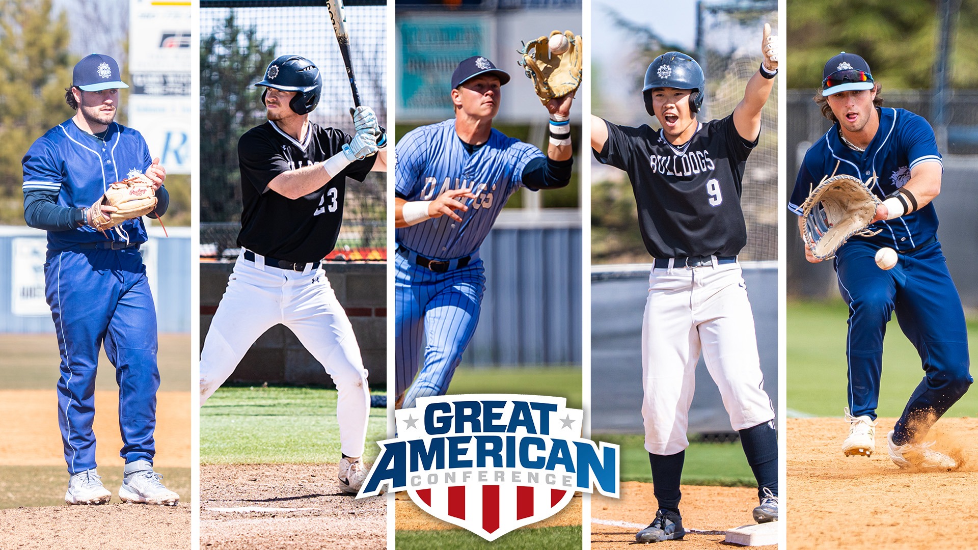All-GAC Baseball Cover Photo featuring five evenly spaced pictures of all of the honorees: Garrett Folmar, Keaton Fisher, Landon Meyer, Kotaro Wakui, and Nolan McCrossin