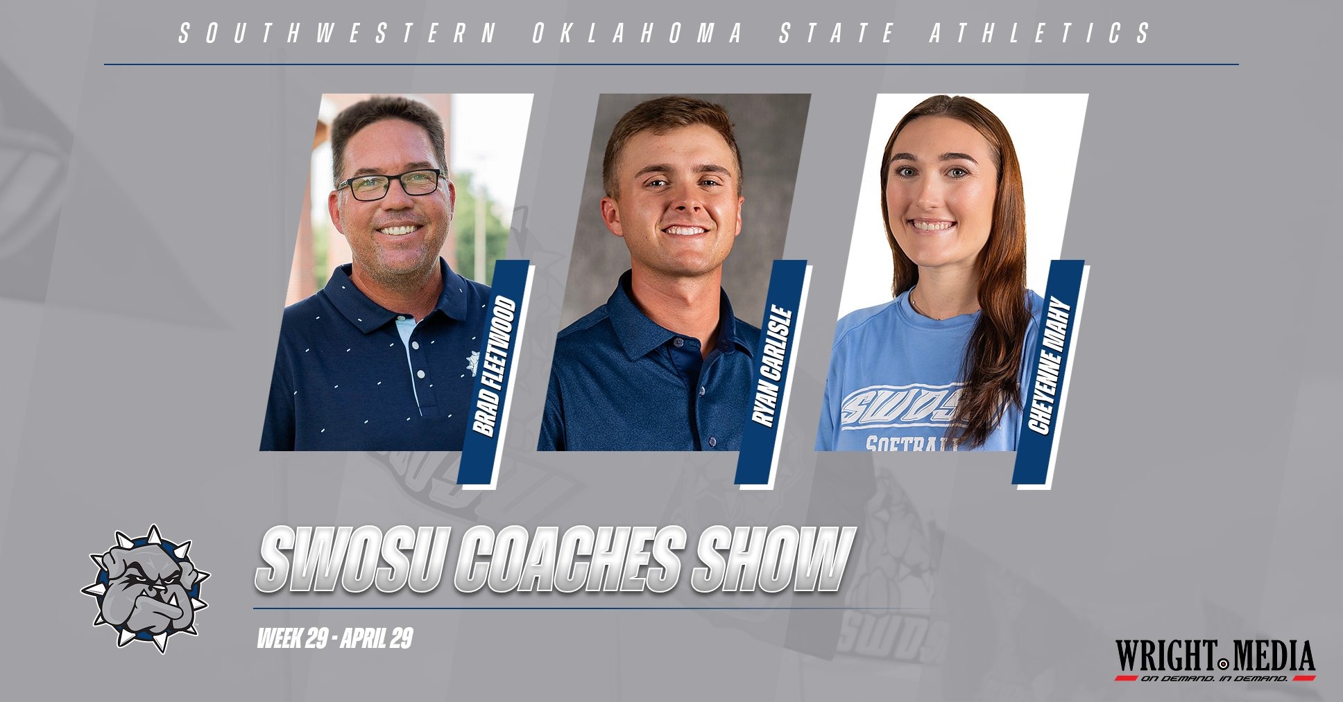 swosu coaches show graphic featuring headshots of the three guests: Brad Fleetwood, Ryan Carlisle, and Cheyenne Mahy