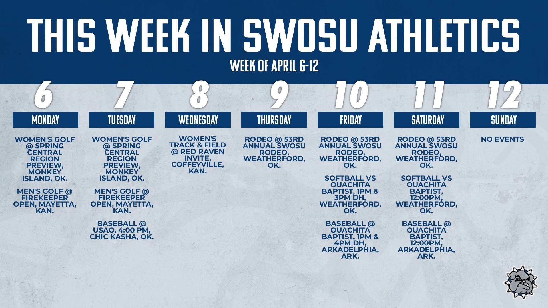 This Week in SWOSU Athletics Graphic Showing All Events This Week