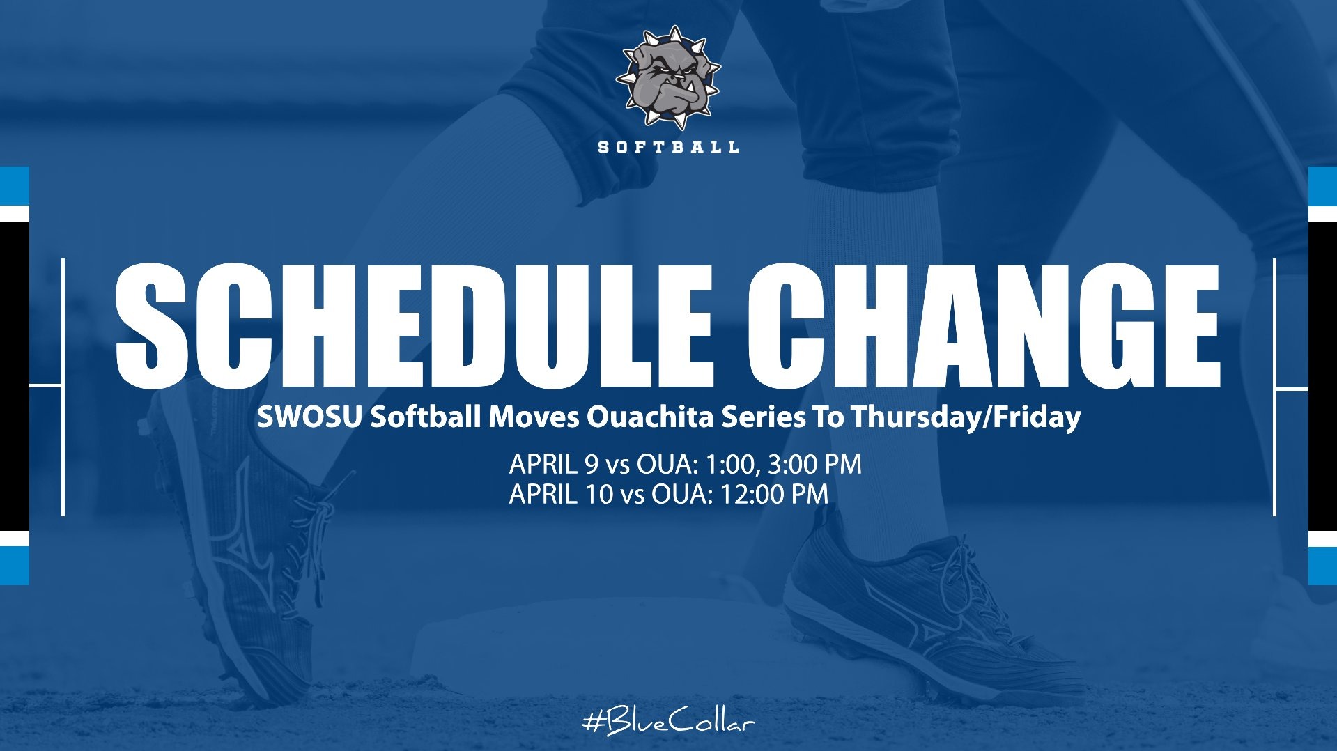 schedule change graphic for swosu softball home series vs ouachita baptist