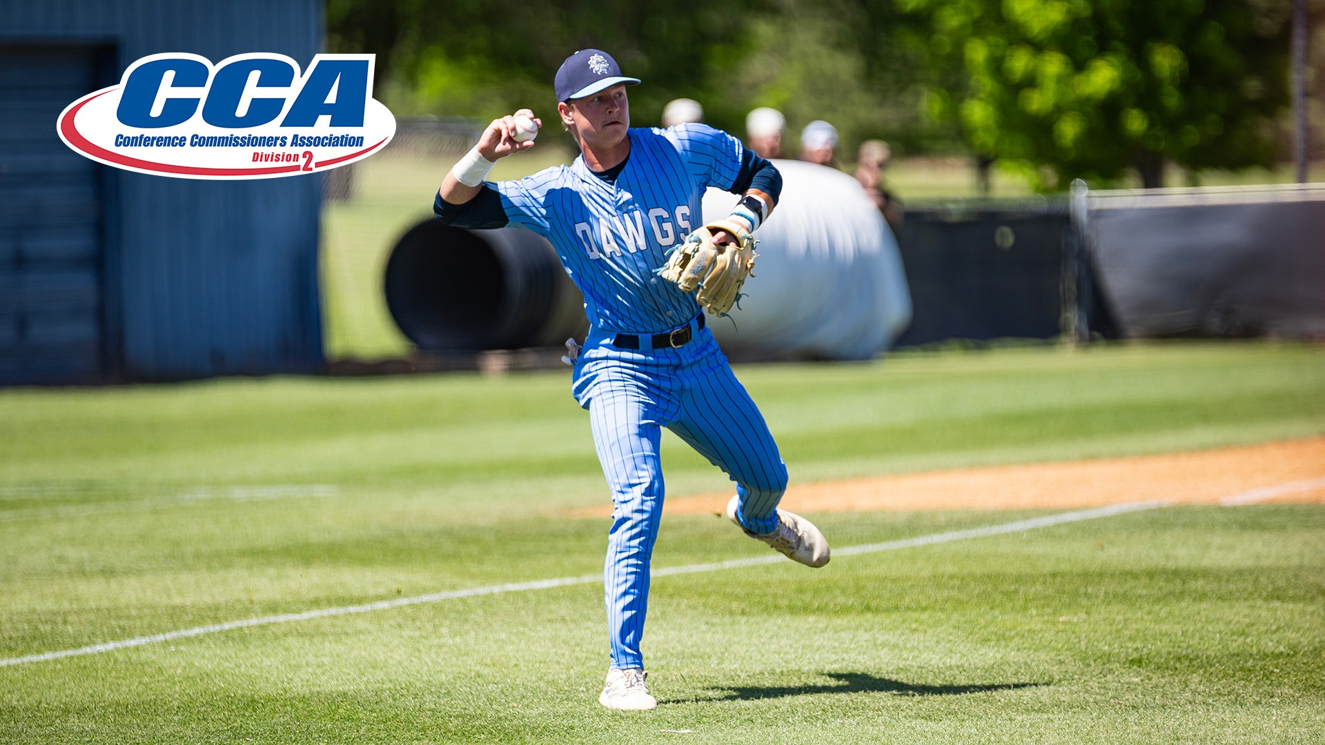 landon meyer goes to throw a baseball at third base with a D2CCA logo in the corner of the picture