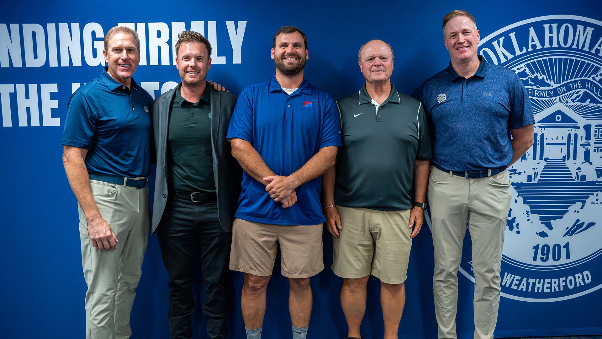 SWOSU Football Legacy Fund Steering Committee Chair Steve Price, SWOSU Head Football Coach Andrew Rice, and SWOSU Athletic Director Todd Helton are pictured thanking sponsors Kale Sawatzky of Hill's Pet Nutrition and Rocky Powell of Great Plains Driving School for generously supporting the 2025 SWOSU Football Championship Legacy Weekend.